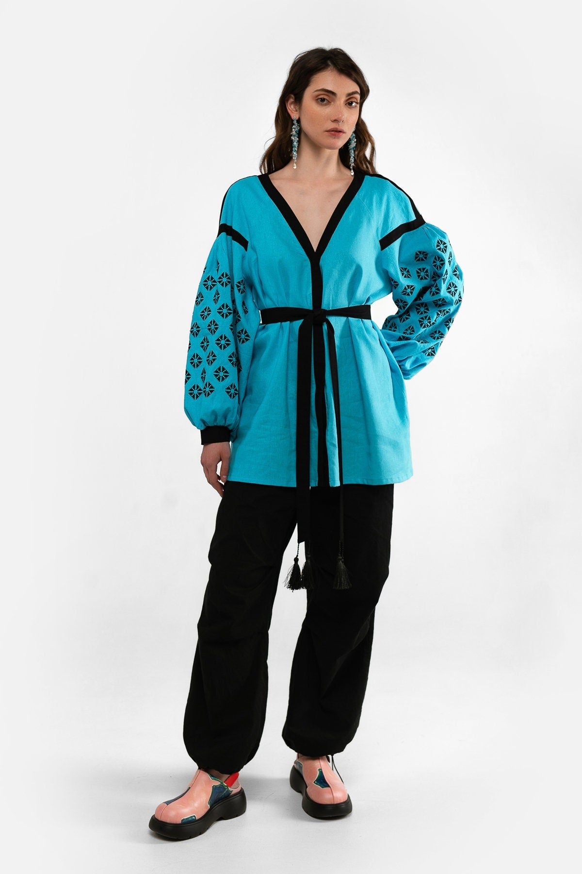 Ukrainian Vyshyvanka Blouse - Rich Blue with Black Embroidery Shirt