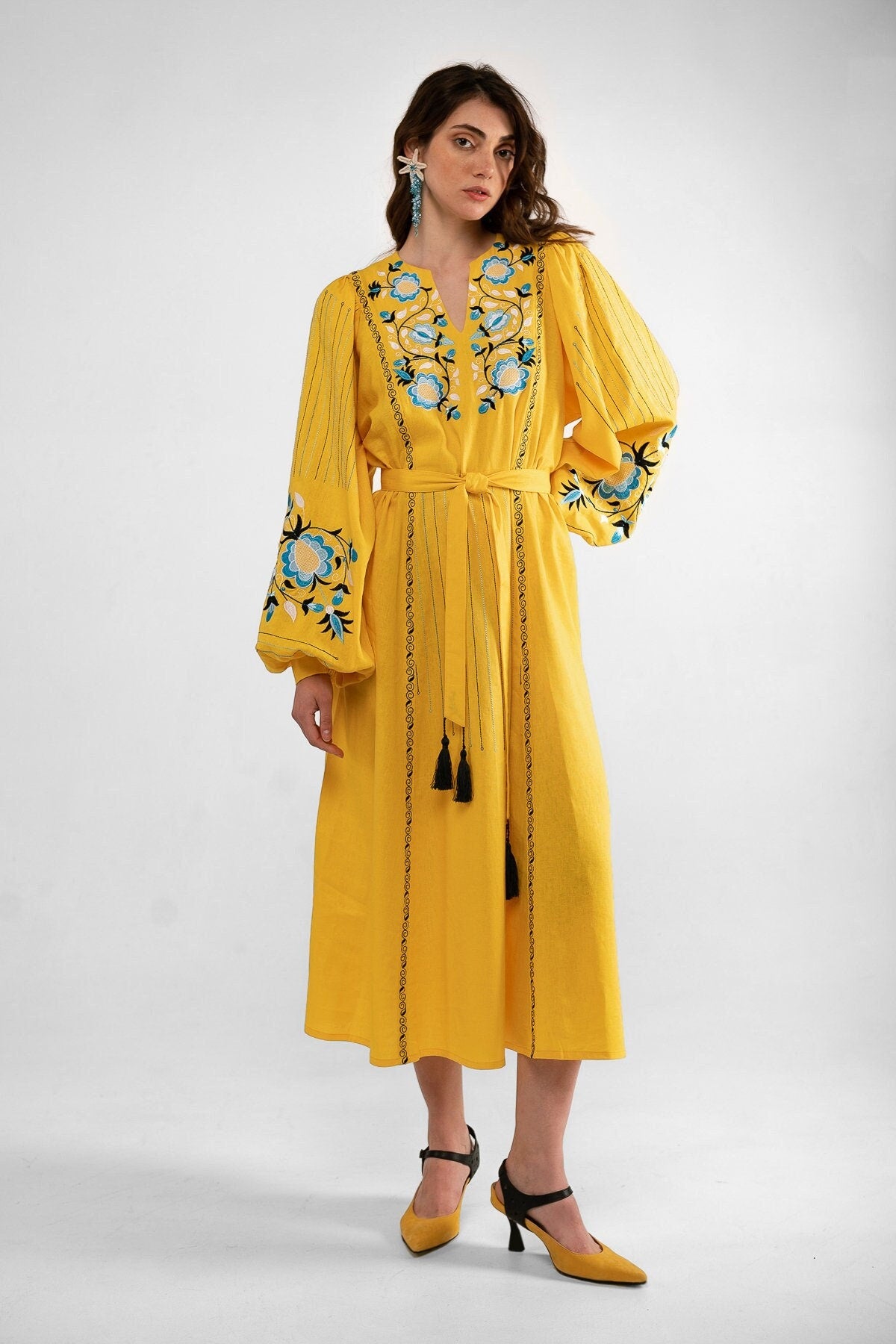 Ukrainian Vyshyvanka Yellow Linen Dress with Light Blue Embroidery