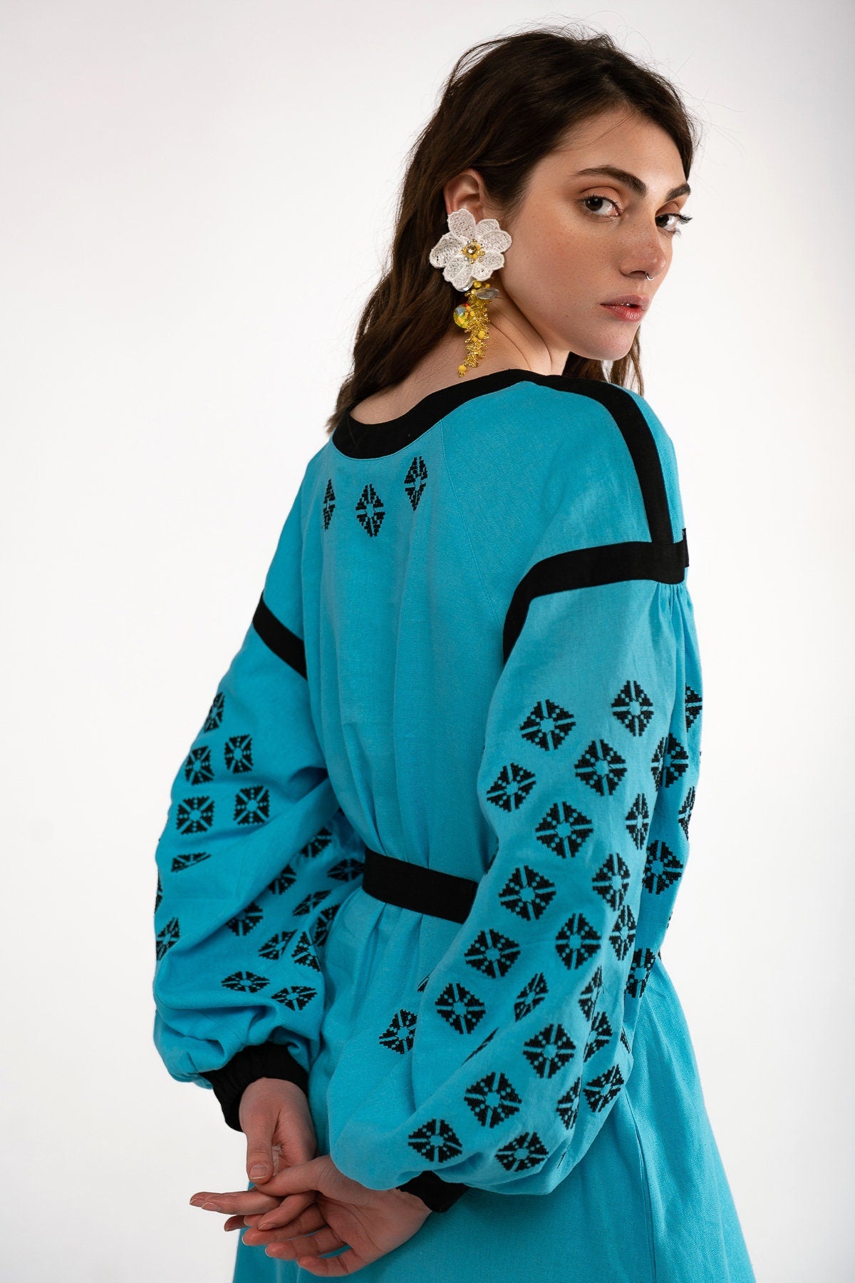 Mothers Day Blue Linen Vyshyvanka Dress with Black Embroidery