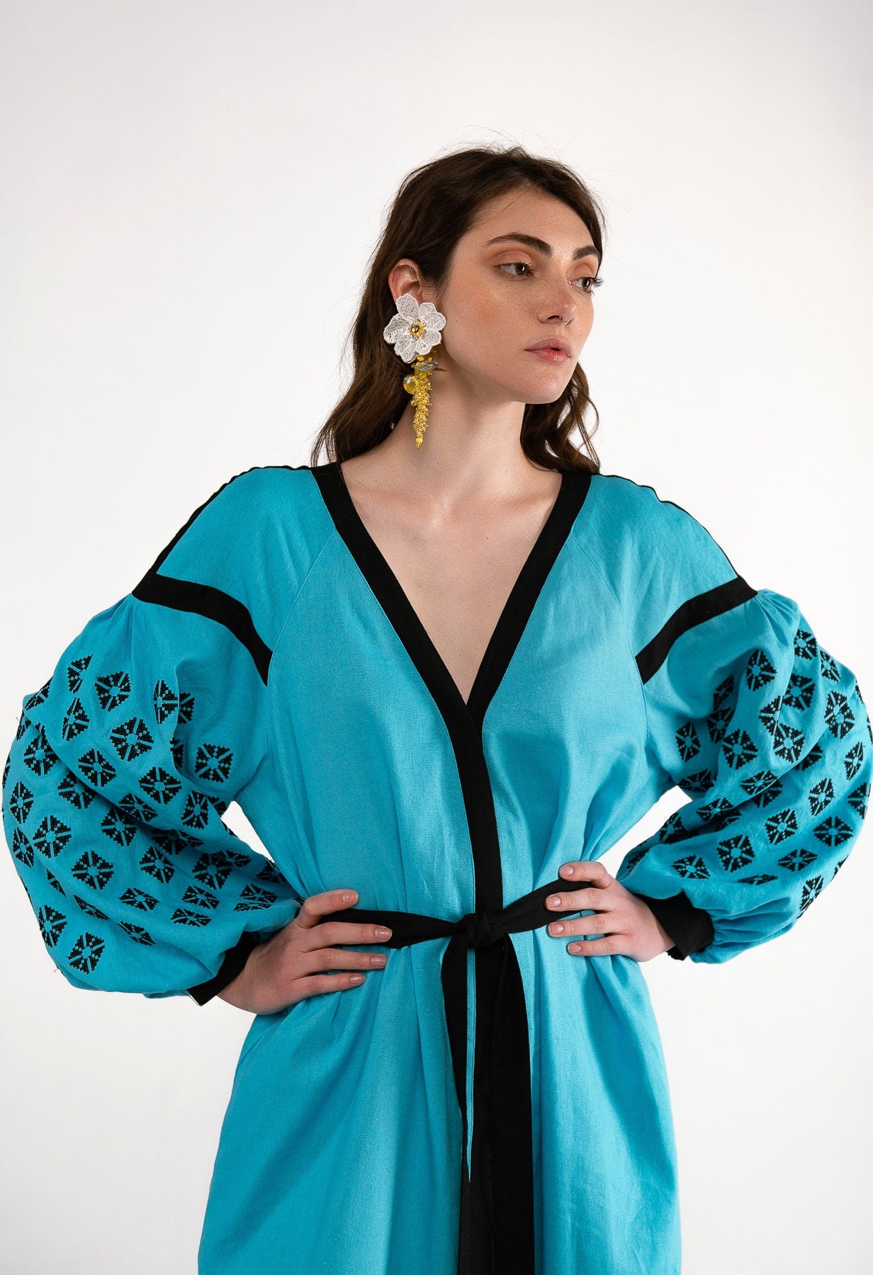 Mothers Day Blue Linen Vyshyvanka Dress with Black Embroidery