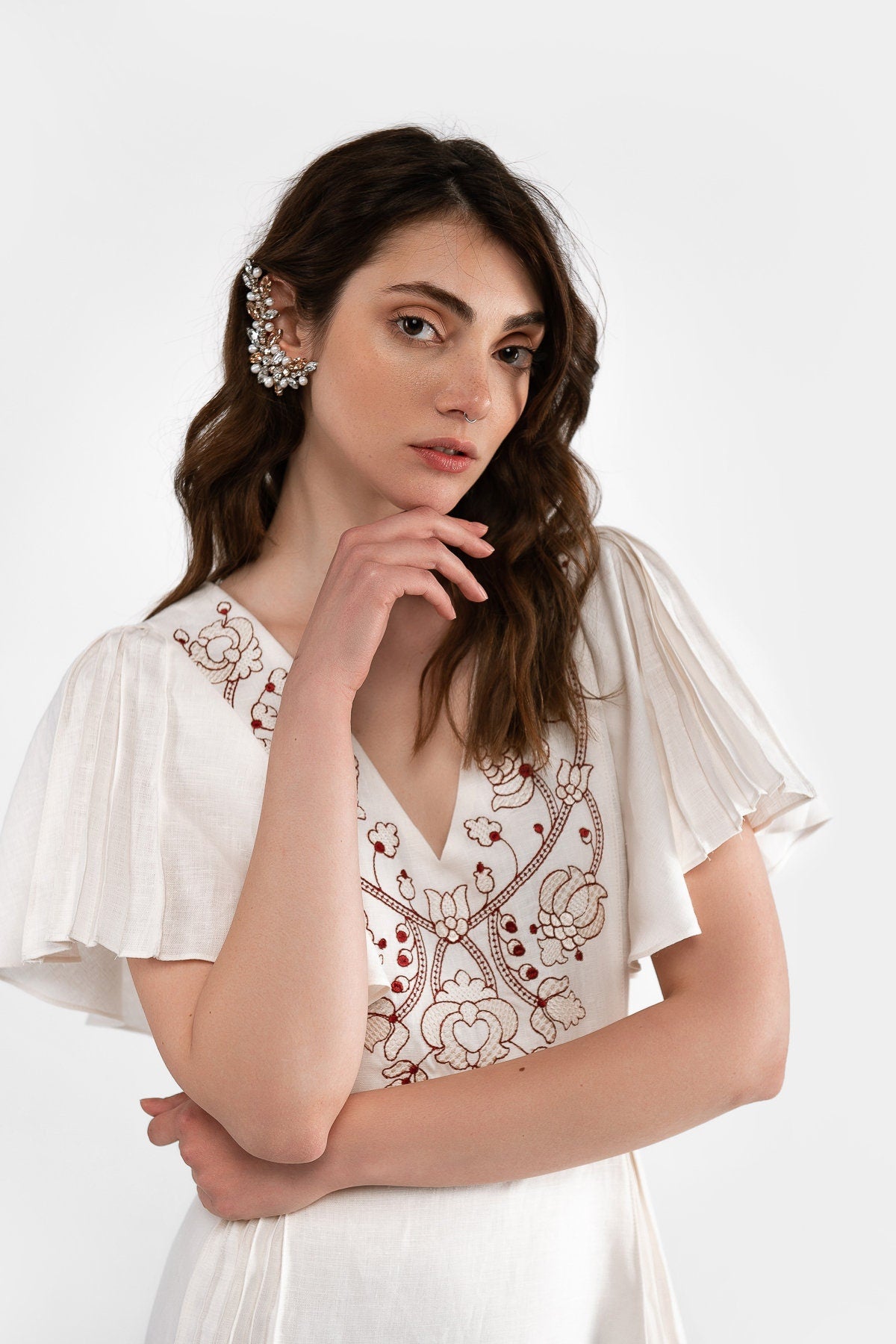 Milky Dress Linen: Ukrainian Vyshyvanka with Light Brown and Beige Embroidery