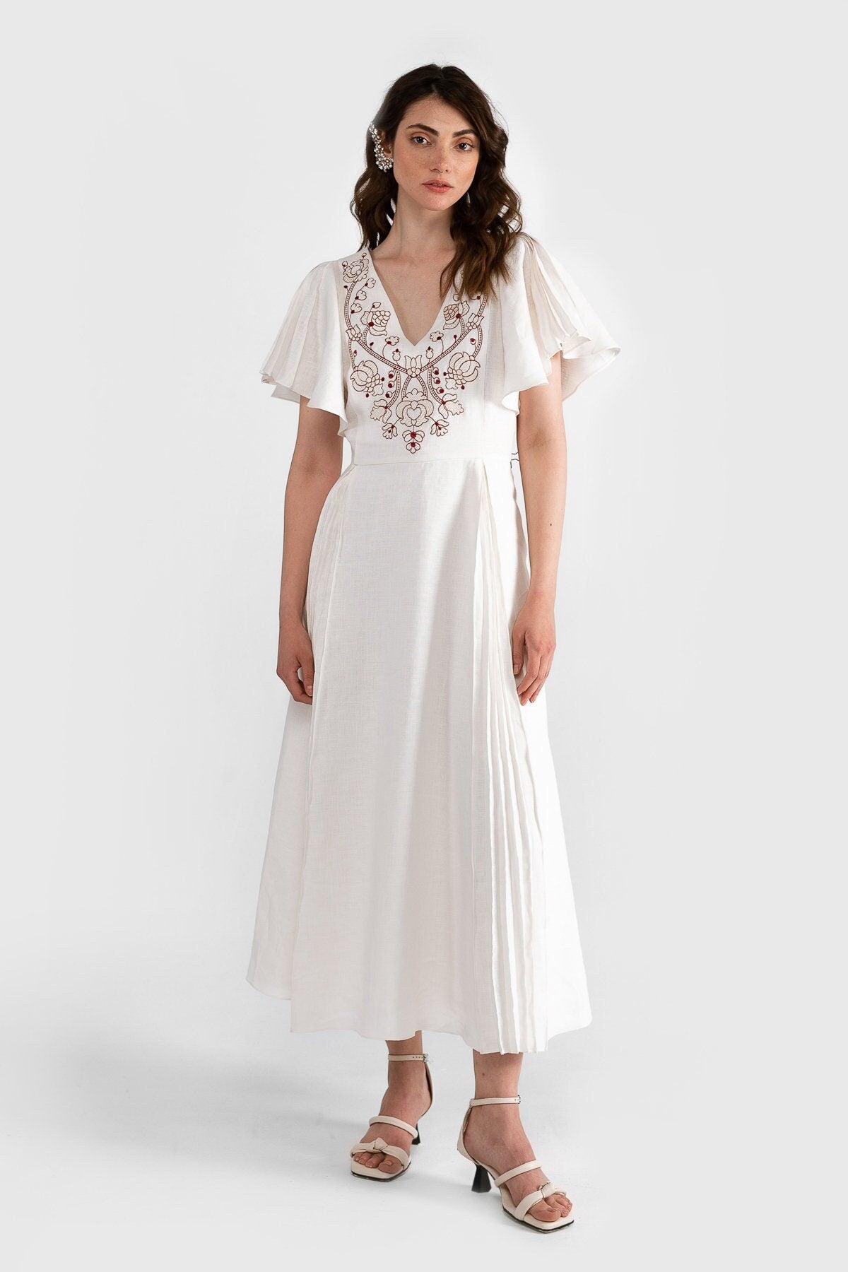 Milky Dress Linen: Ukrainian Vyshyvanka with Light Brown and Beige Embroidery