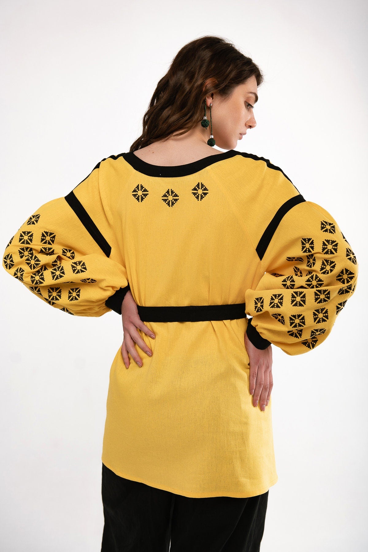 Mother's Day 2024 Yellow Ukrainian Vyshyvanka Blouse with Black Embroidery - Bohemian Chic Peasant Shirt