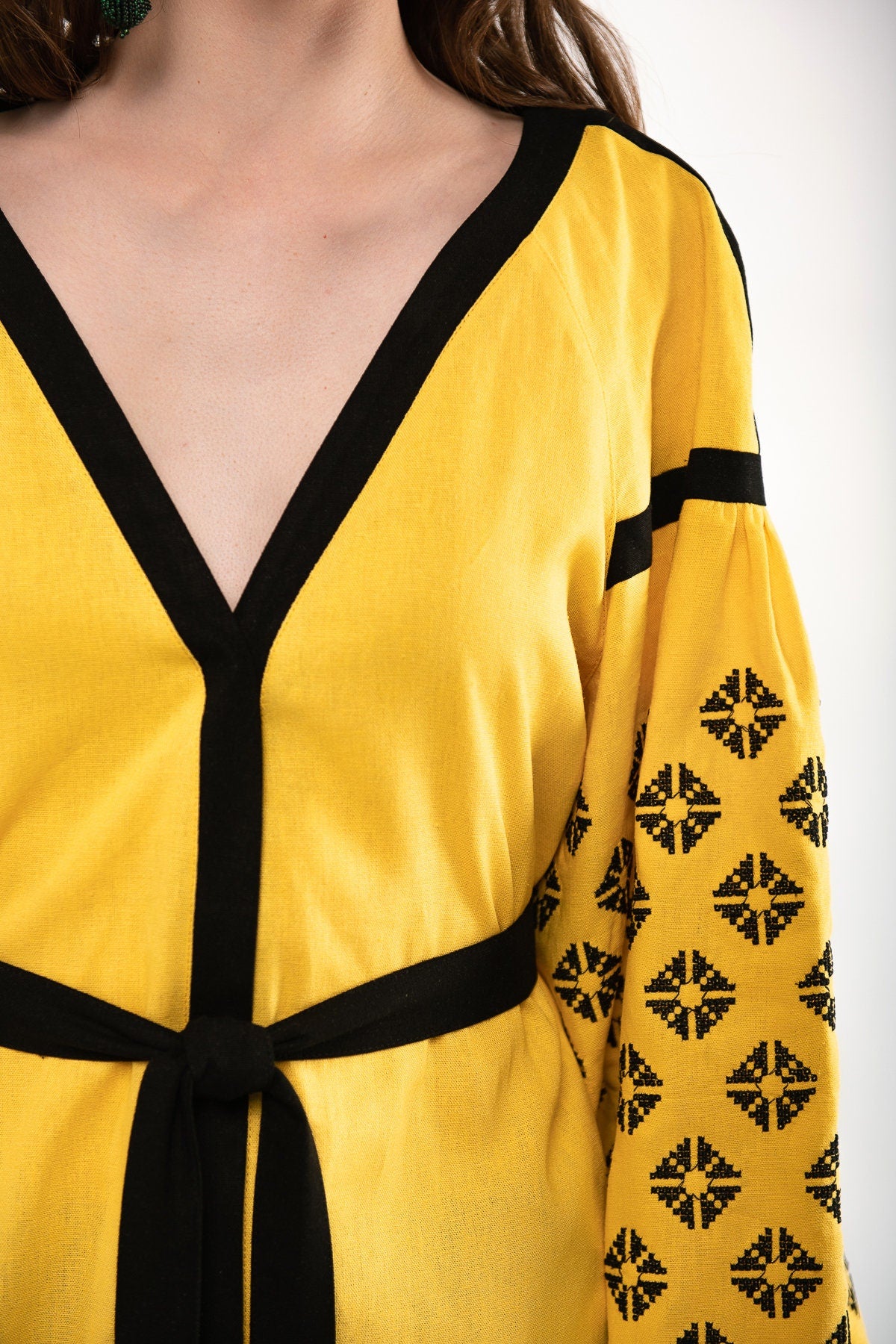 Mother's Day 2024 Yellow Ukrainian Vyshyvanka Blouse with Black Embroidery - Bohemian Chic Peasant Shirt