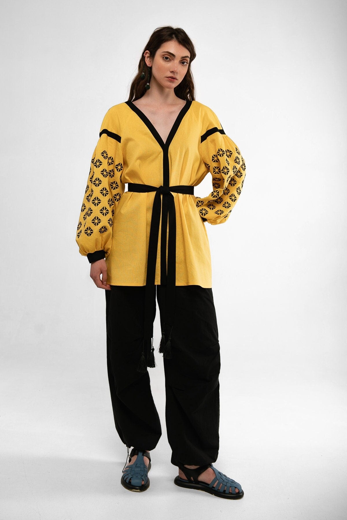 Mother's Day 2024 Yellow Ukrainian Vyshyvanka Blouse with Black Embroidery - Bohemian Chic Peasant Shirt