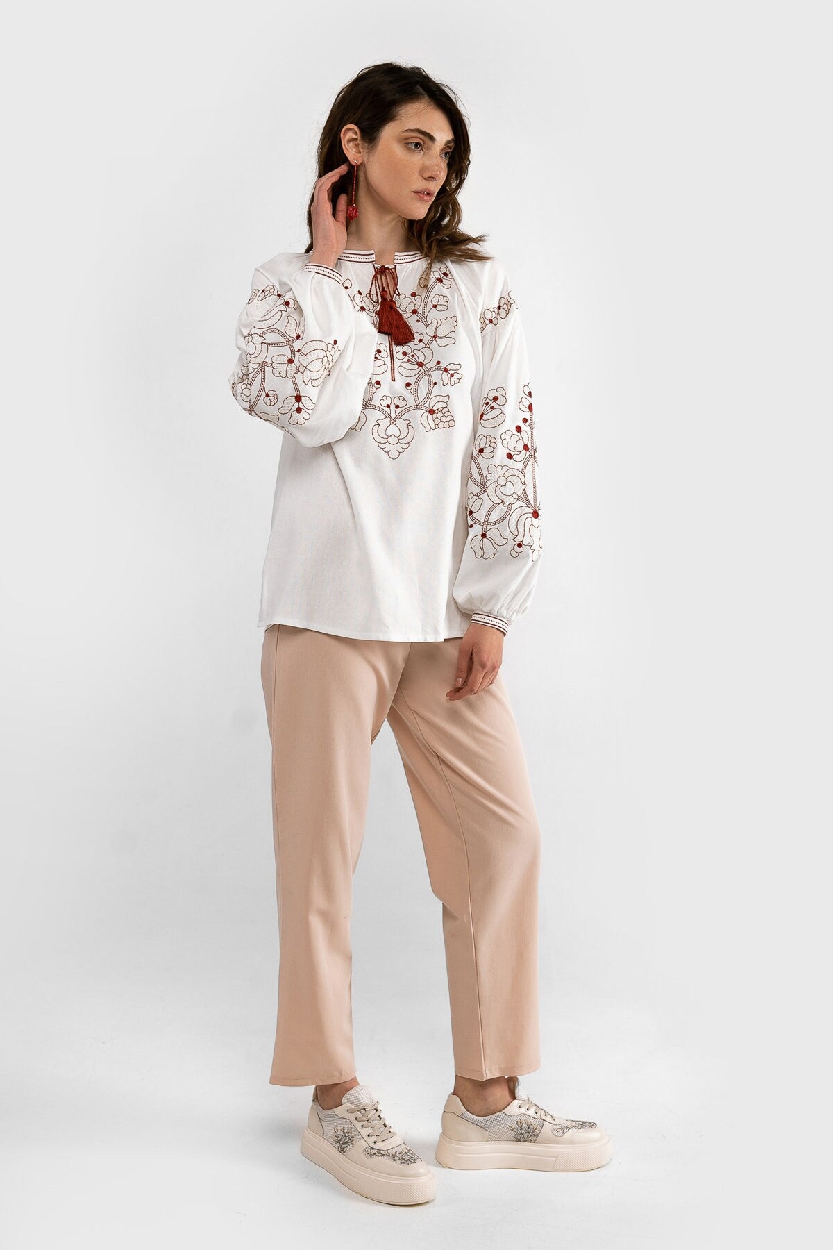 Milky Ukrainian Vyshyvanka Blouse with Red Embroidery