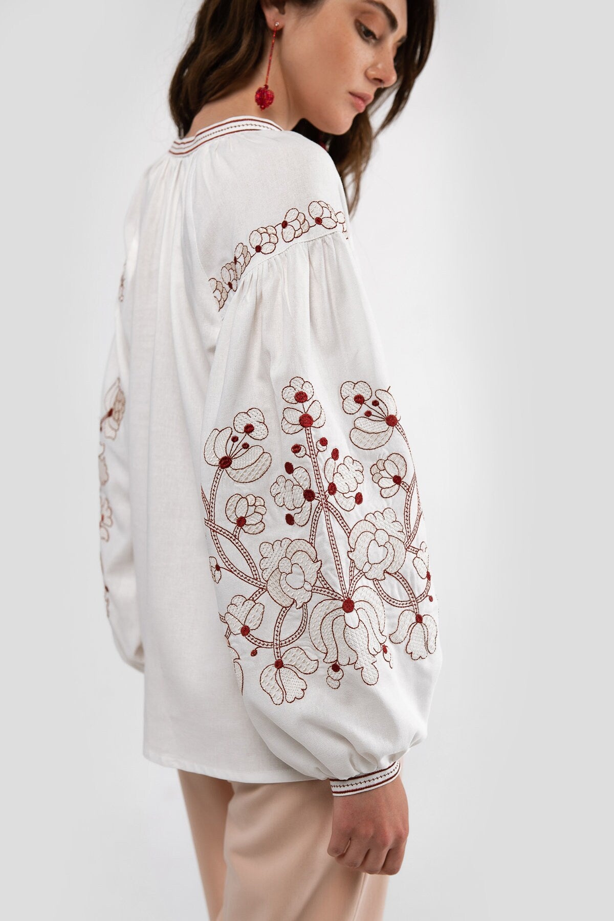 Milky Ukrainian Vyshyvanka Blouse with Red Embroidery