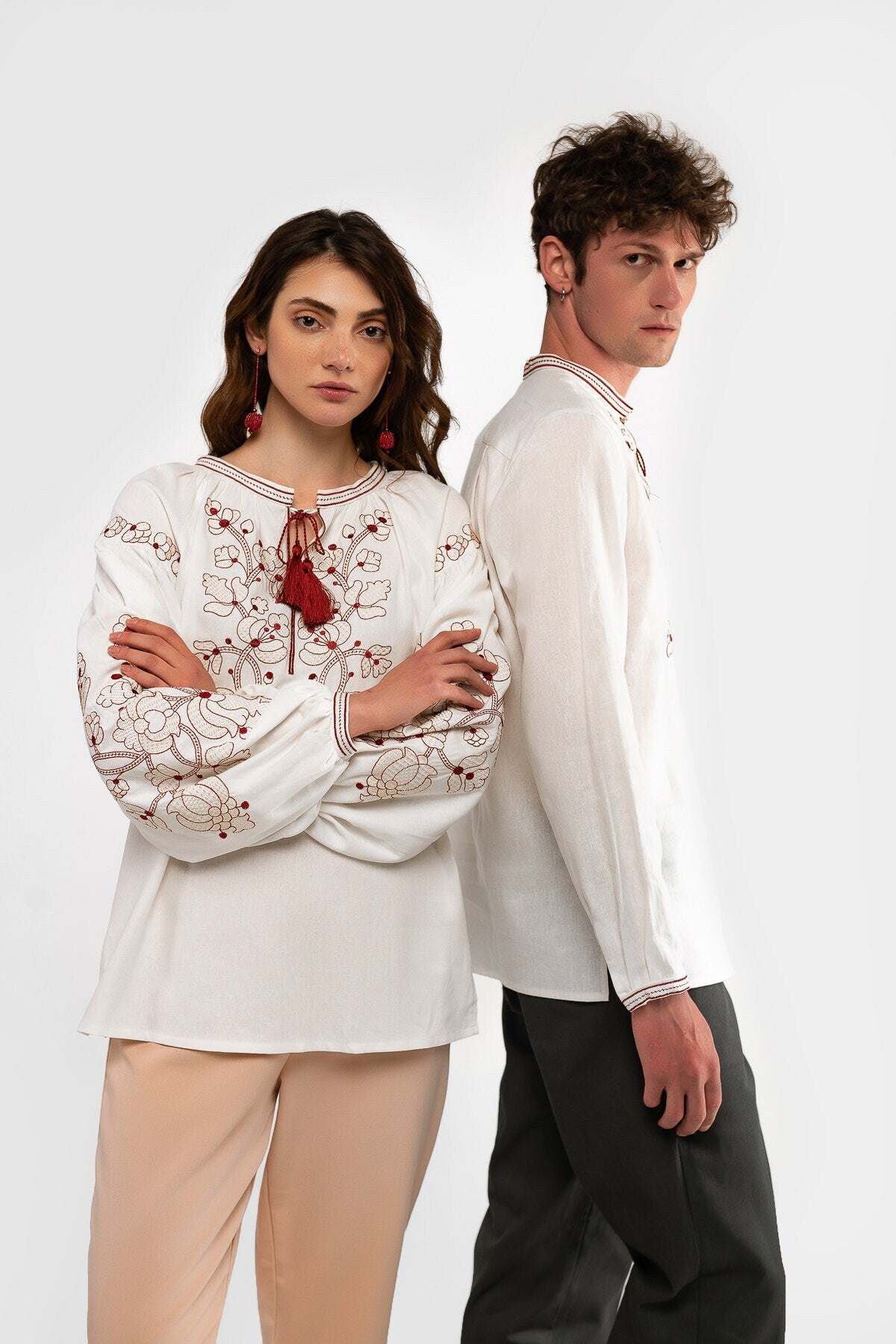 Milky Ukrainian Vyshyvanka Blouse with Red Embroidery