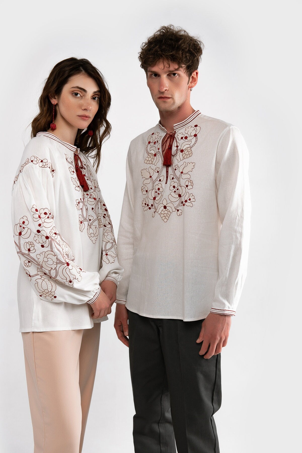 Milky Ukrainian Vyshyvanka Blouse with Red Embroidery