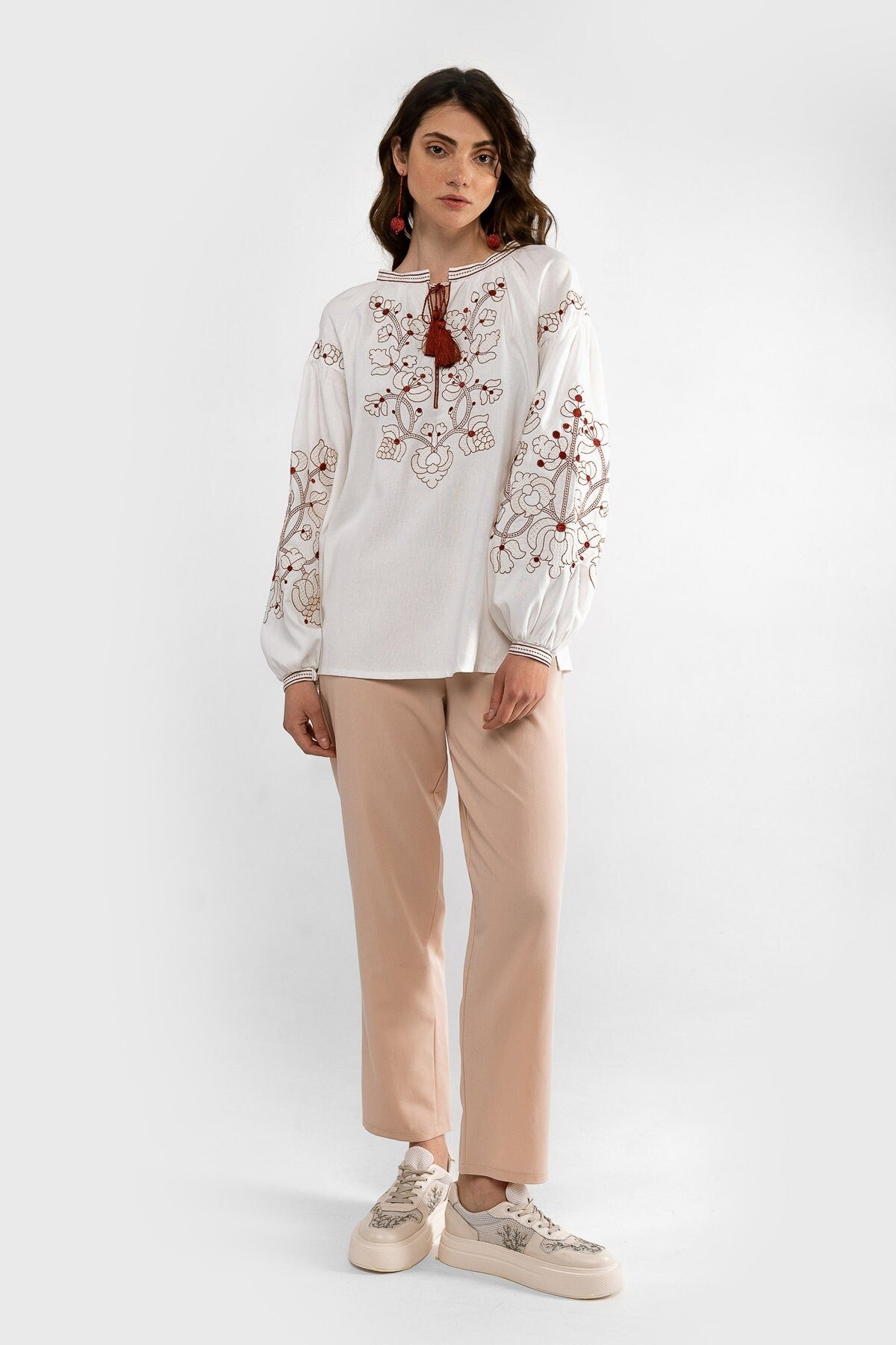 Milky Ukrainian Vyshyvanka Blouse with Red Embroidery