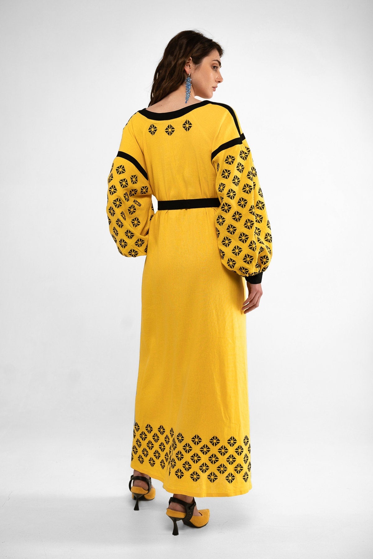 Mothers Day Yellow Linen Vyshyvanka Dress with Black Embroidery