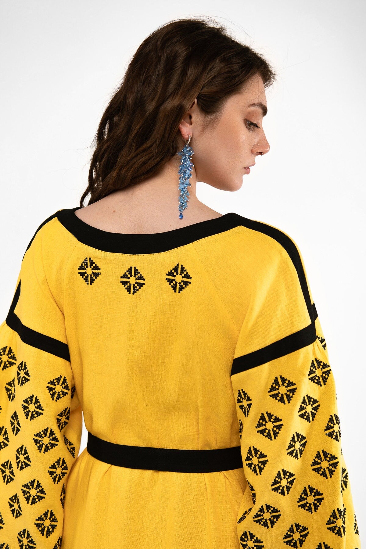Mothers Day Yellow Linen Vyshyvanka Dress with Black Embroidery