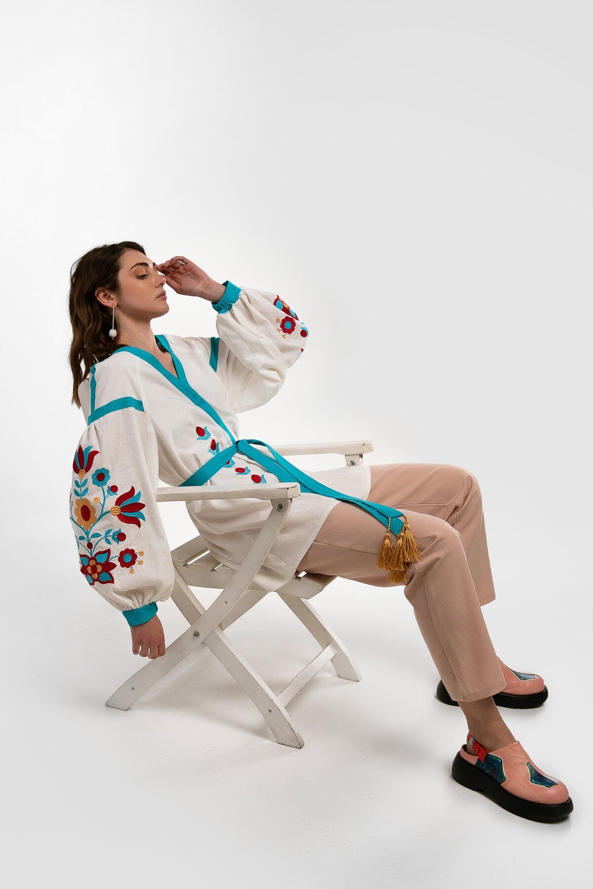 Milky Ukrainian Vyshyvanka Blouse with Colorful Embroidery - Bohemian Ethnic Shirt