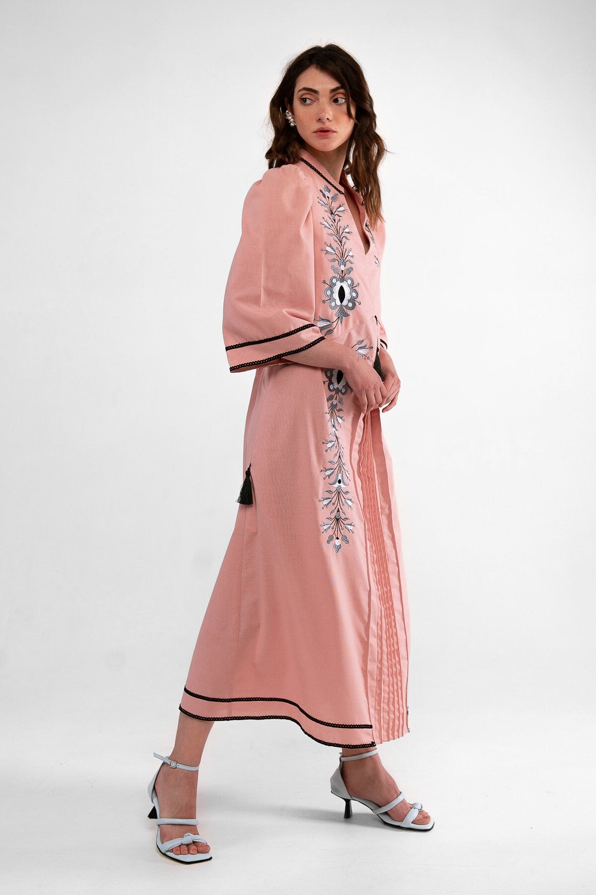 Powder-Pink Linen Ukrainian Vyshyvanka Embroidered Dress