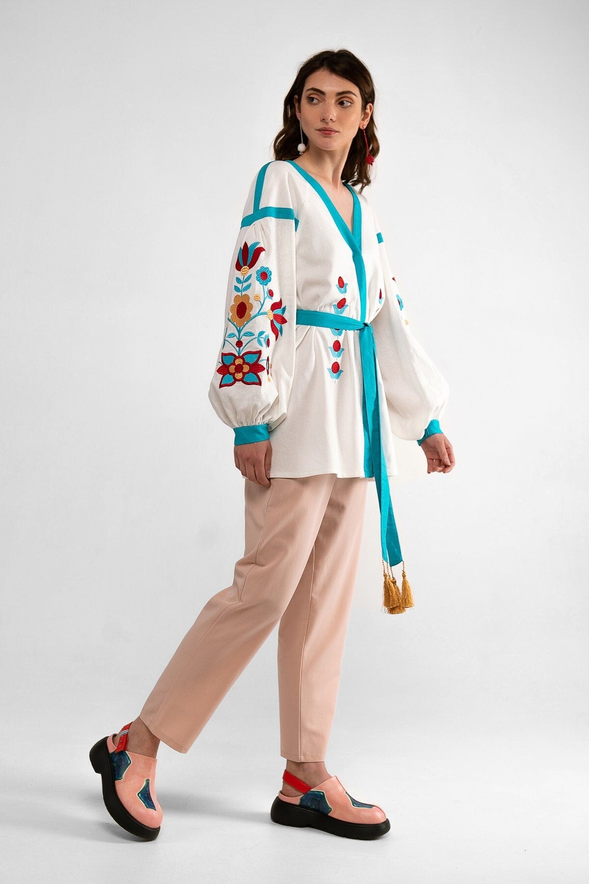 Milky Ukrainian Vyshyvanka Blouse with Colorful Embroidery - Bohemian Ethnic Shirt