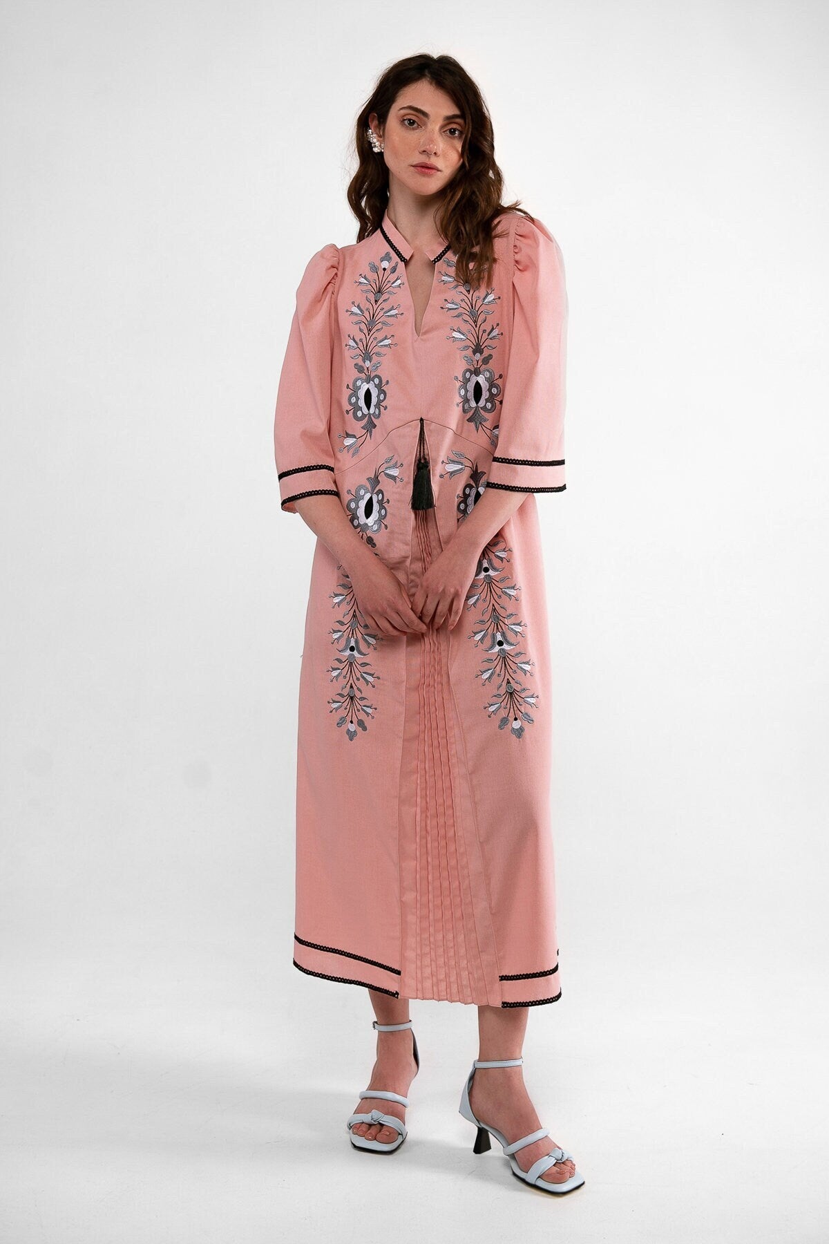 Powder-Pink Linen Ukrainian Vyshyvanka Embroidered Dress