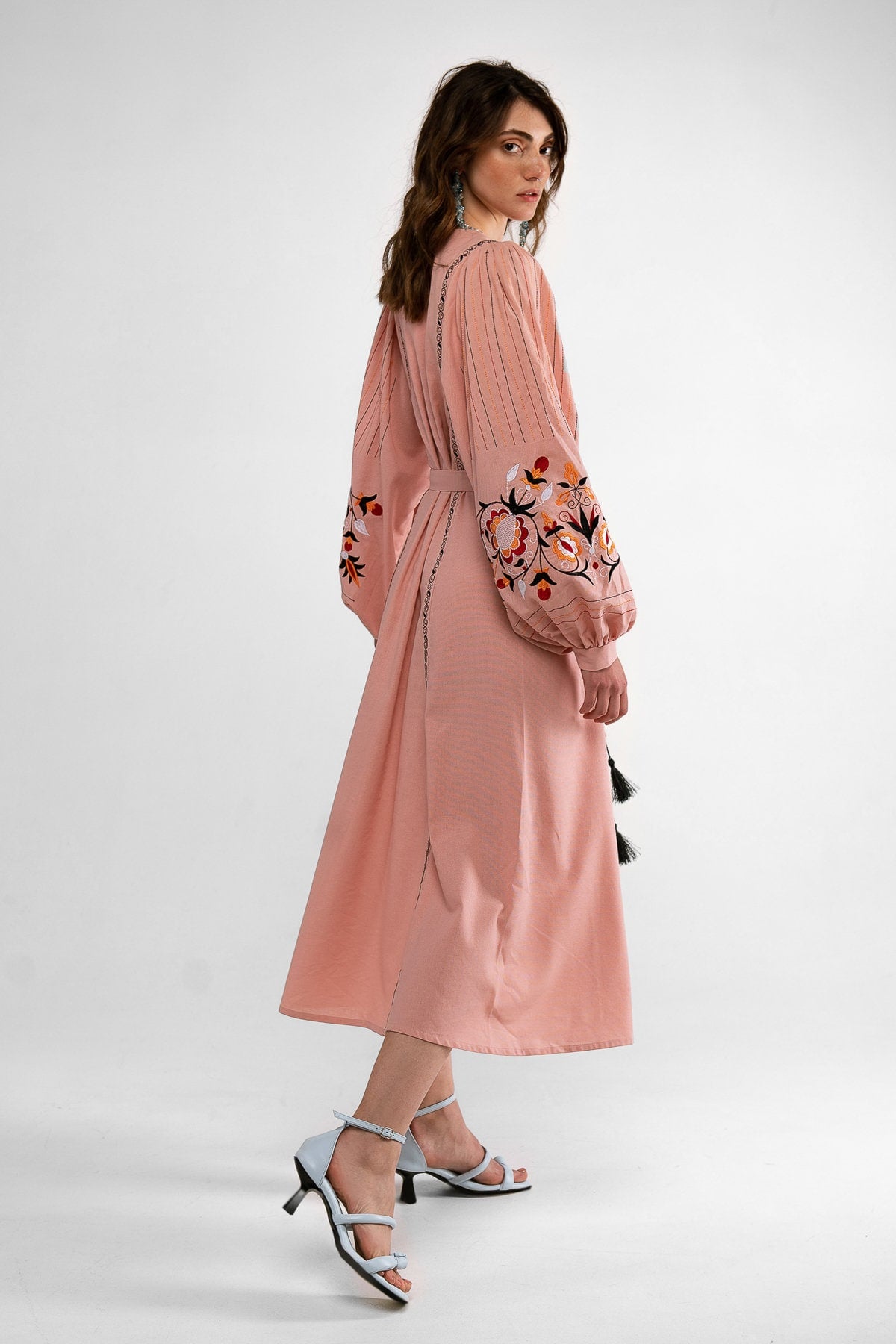 Powder-Pink Linen Vyshyvanka Dress with Floral Embroidery