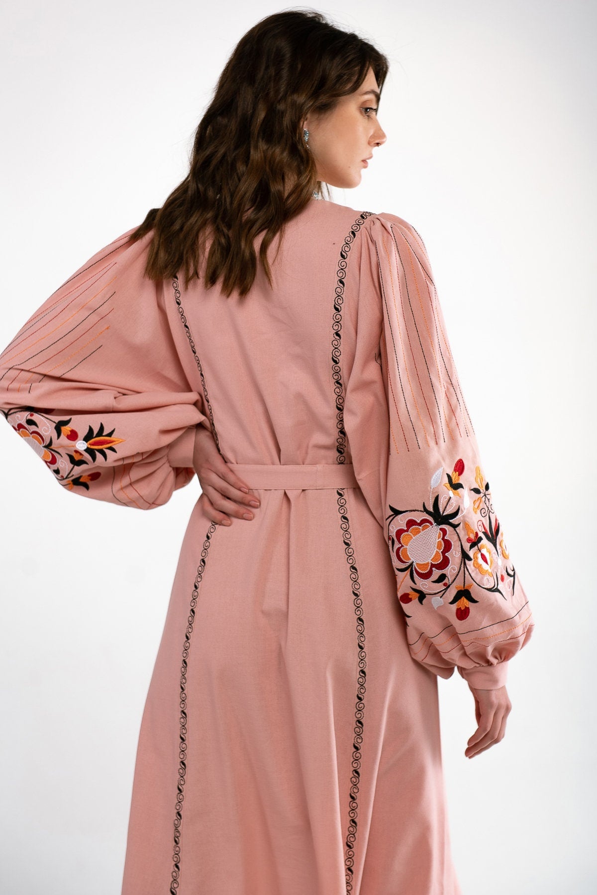 Powder-Pink Linen Vyshyvanka Dress with Floral Embroidery