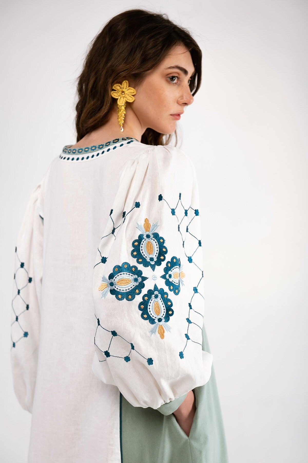 White and Light Green Ukrainian Vyshyvanka Dress with Geometric Embroidery