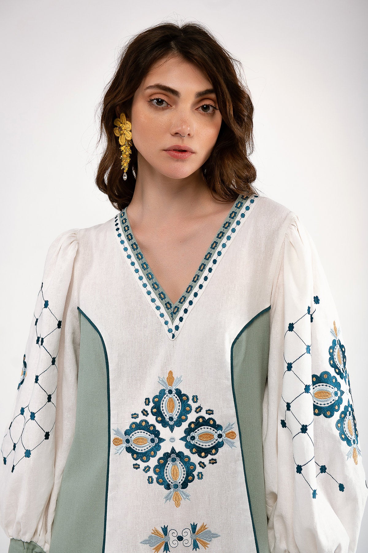 White and Light Green Ukrainian Vyshyvanka Dress with Geometric Embroidery