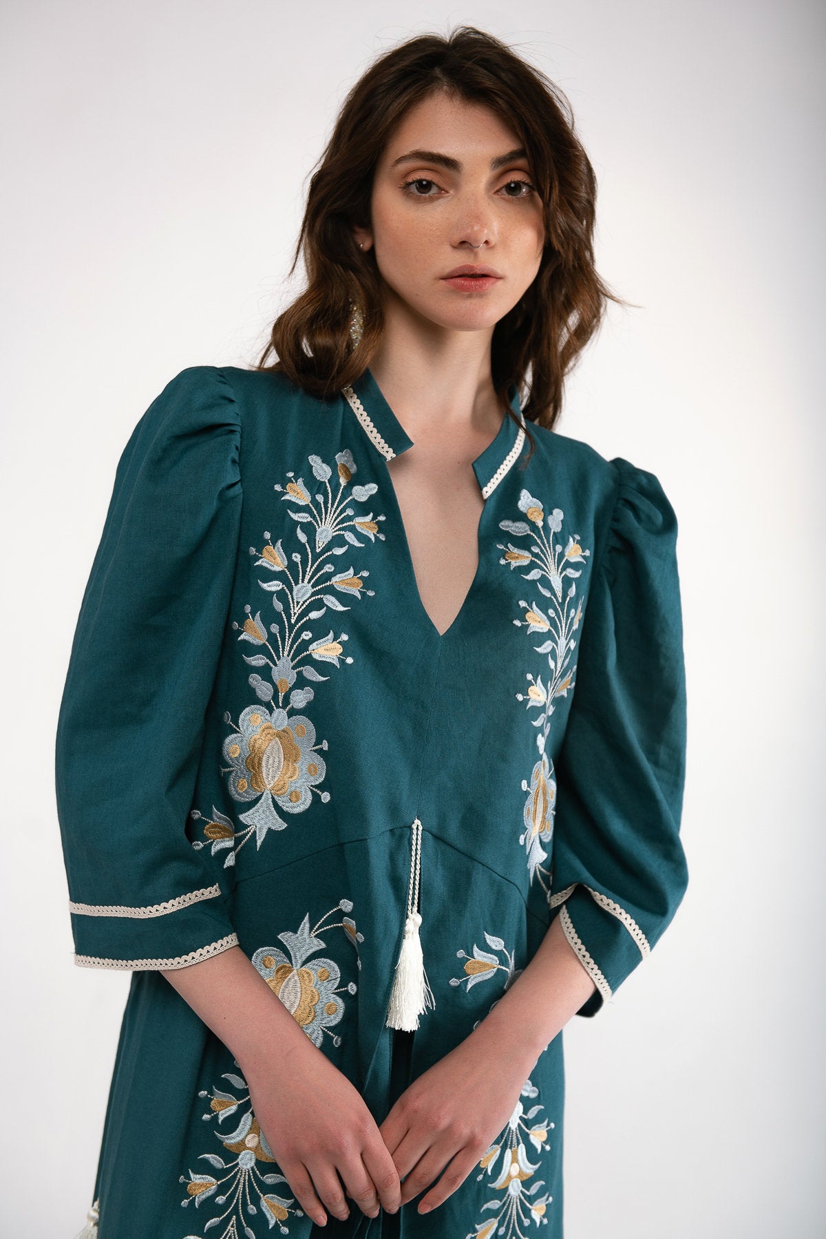 Linen Ukrainian Vyshyvanka Dress with Embroidery - Sea Wave Color