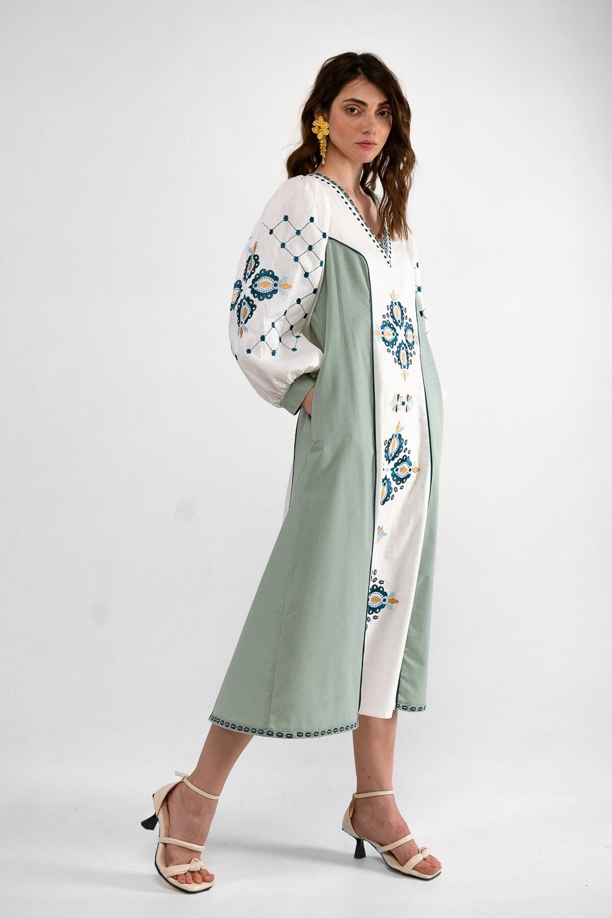 White and Light Green Ukrainian Vyshyvanka Dress with Geometric Embroidery