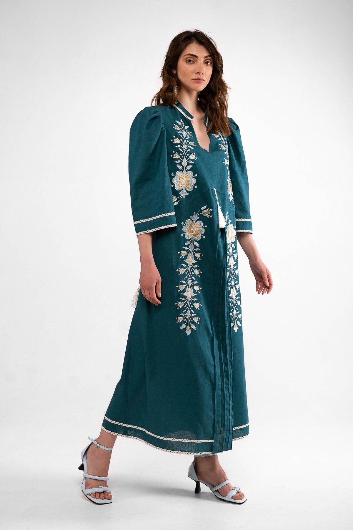 Linen Ukrainian Vyshyvanka Dress with Embroidery - Sea Wave Color