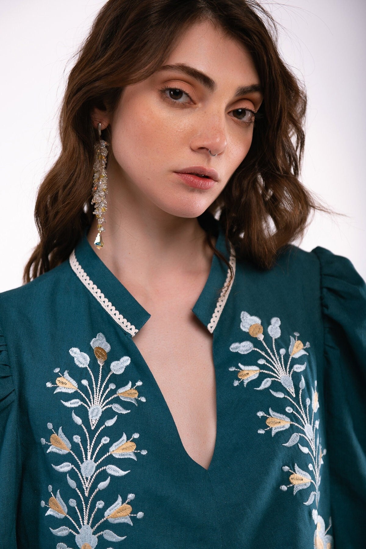 Linen Ukrainian Vyshyvanka Dress with Embroidery - Sea Wave Color