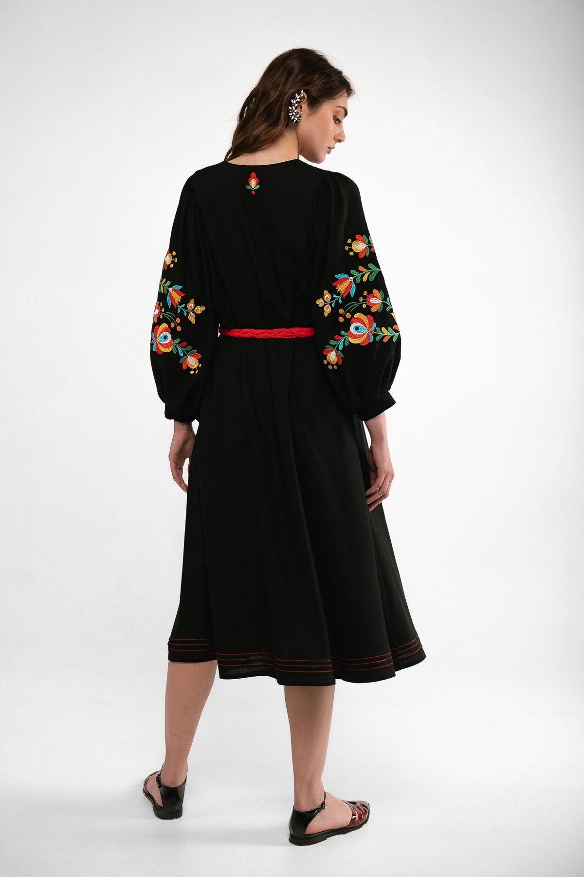 Mothers Day Black Linen Dress - Ukrainian Vyshyvanka with Floral Embroidery