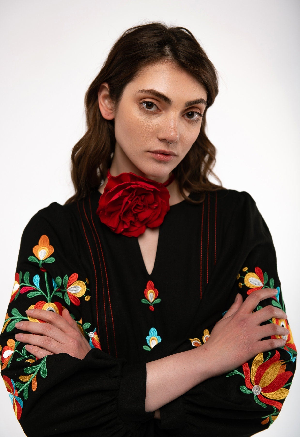 Mothers Day Black Linen Dress - Ukrainian Vyshyvanka with Floral Embroidery