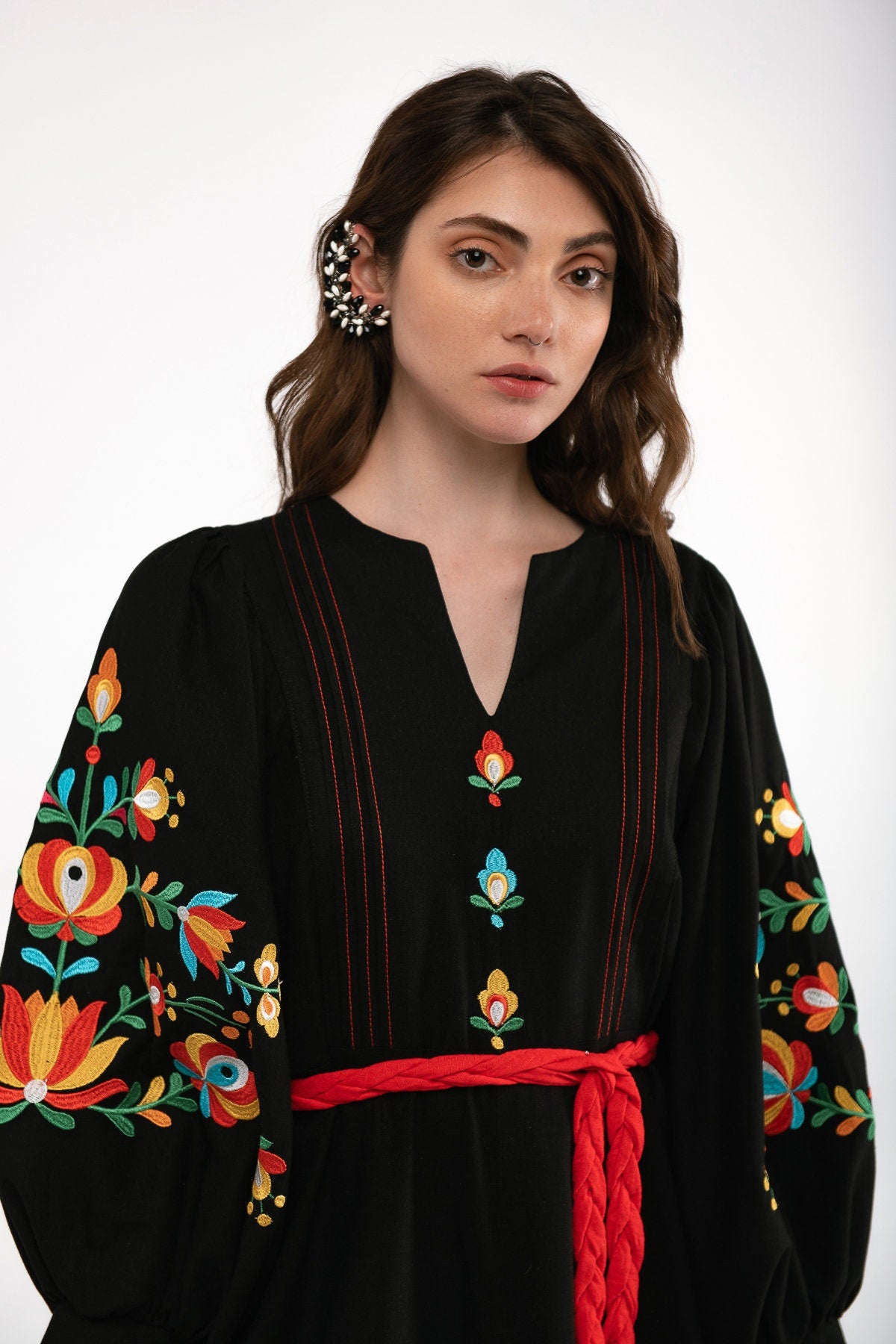 Mothers Day Black Linen Dress - Ukrainian Vyshyvanka with Floral Embroidery