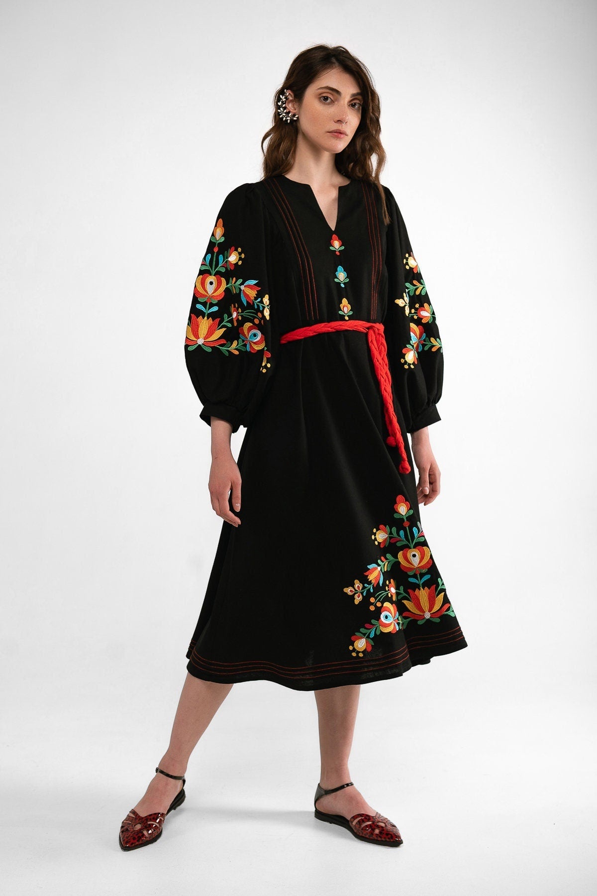 Mothers Day Black Linen Dress - Ukrainian Vyshyvanka with Floral Embroidery