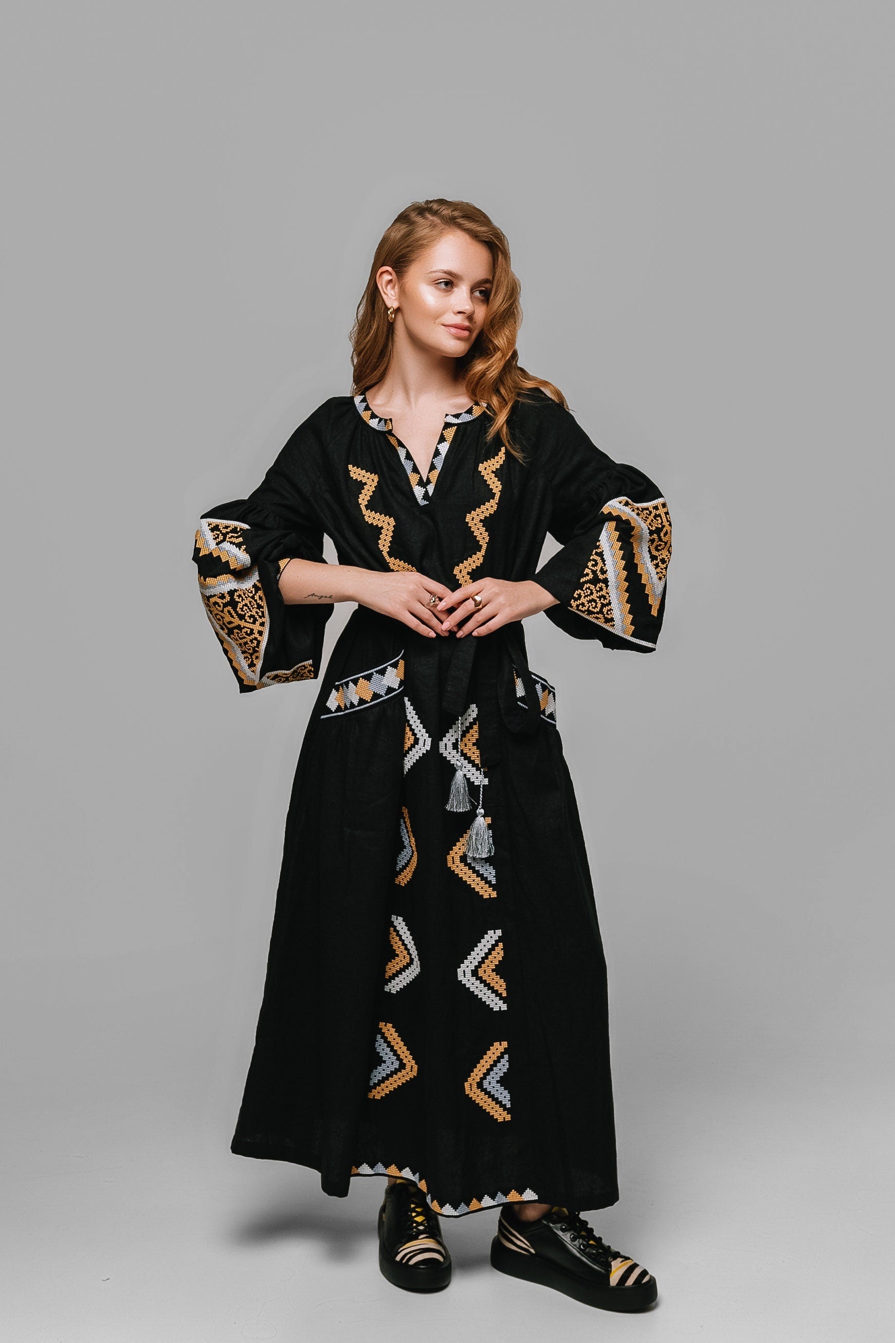 Mothers Day Ukrainian Vyshyvanka Black Linen Kaftan Dress with Geometric Embroidery