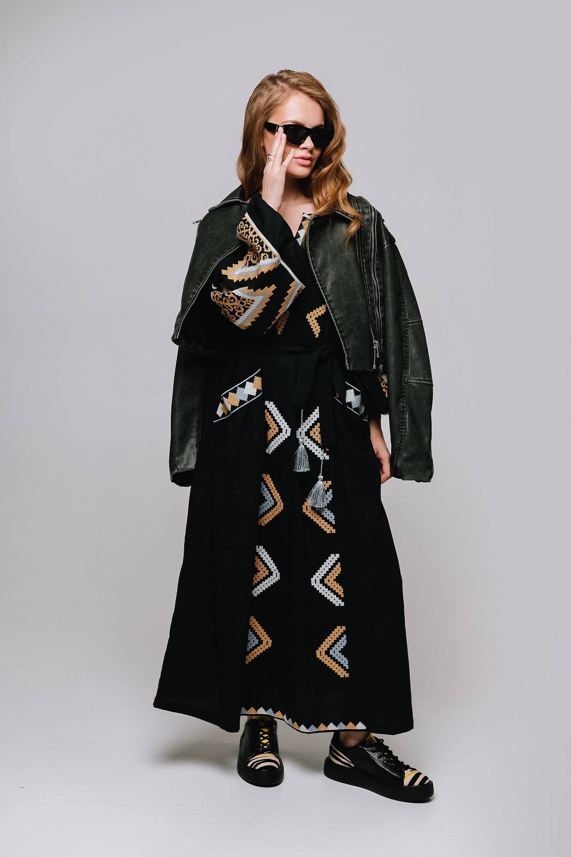 Mothers Day Ukrainian Vyshyvanka Black Linen Kaftan Dress with Geometric Embroidery