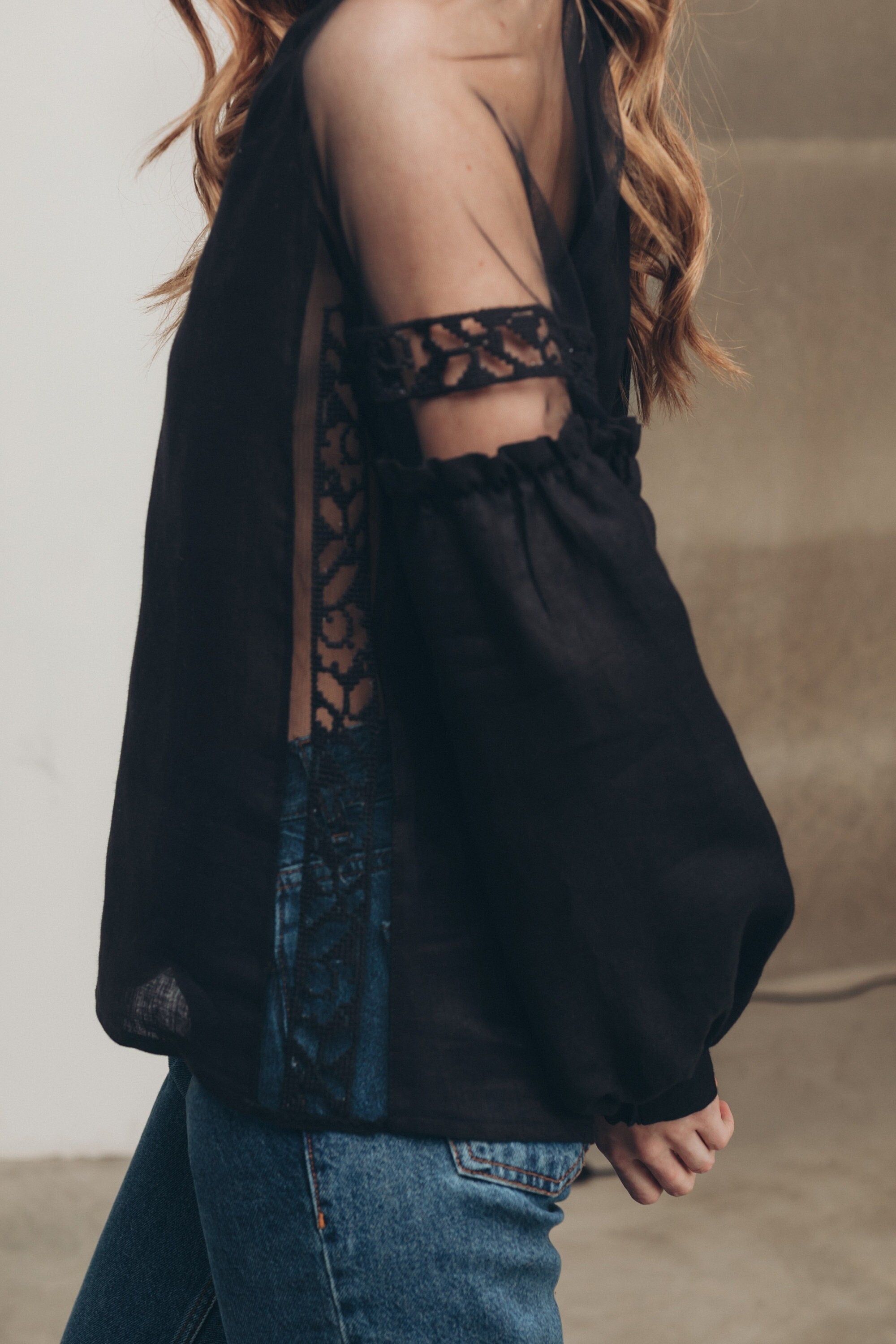 Black Ukrainian Embroidered Vyshyvanka Blouse - Bohemian Ethnic Shirt
