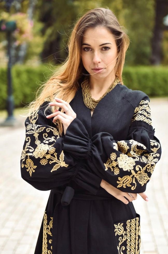 Black Ukrainian Embroidered Linen Kaftan Dress - Tree of Life Boho Chic