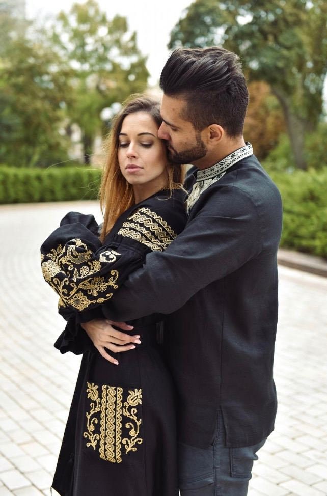 Black Ukrainian Embroidered Linen Kaftan Dress - Tree of Life Boho Chic
