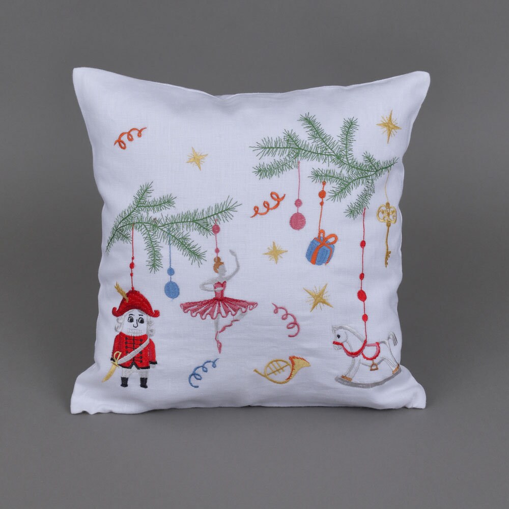 Ukrainian Embroidered Nutcracker Pillowcase 40x40 CM - White Linen Decorative Accent