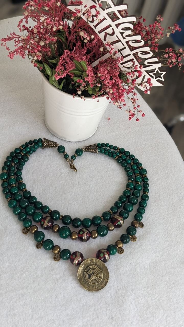 Ukrainian Traditional Dukach Necklace - Solar Disc Pressed Agate Ethnic Jewelry