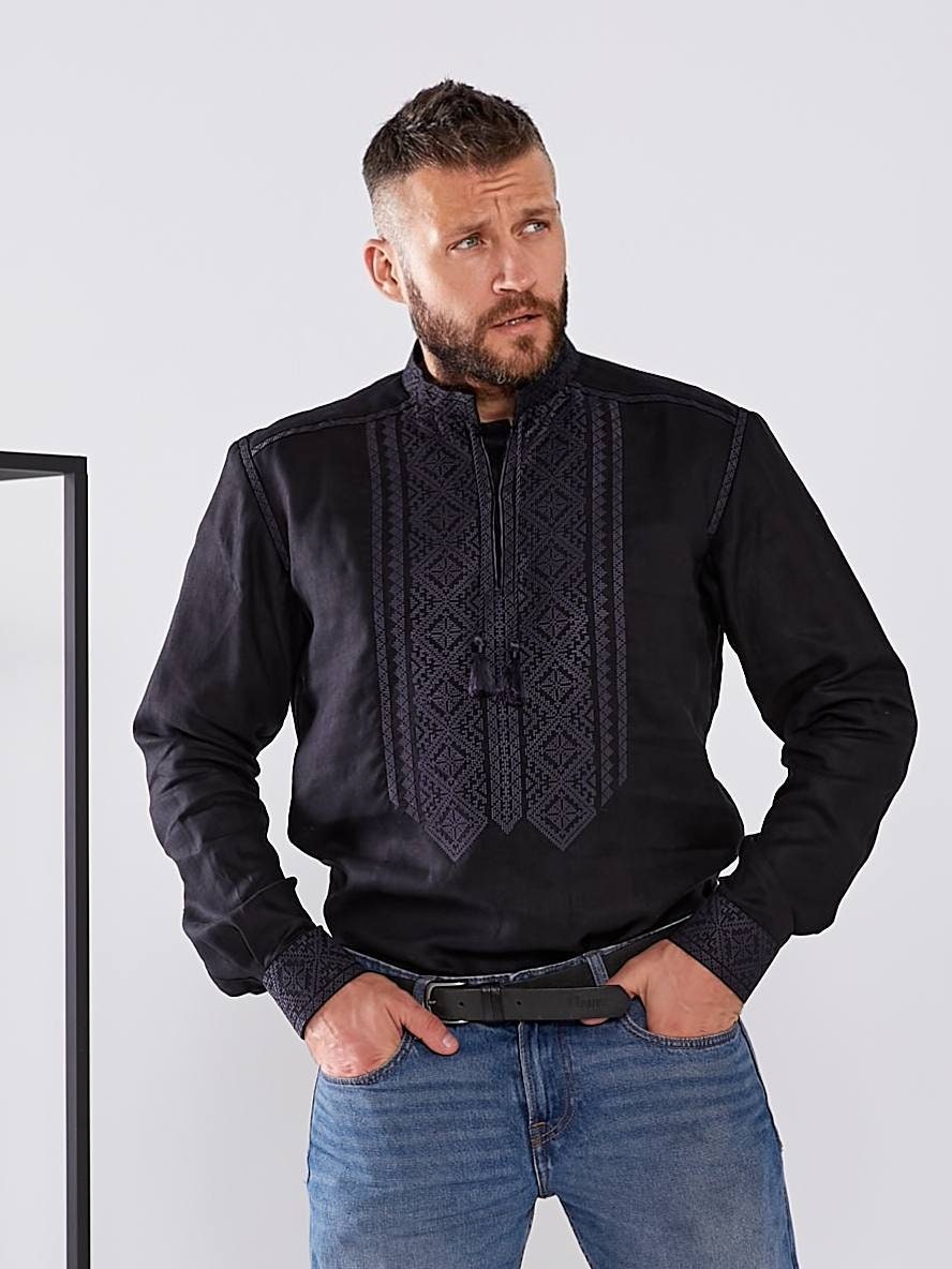 Black Linen Ukrainian Vyshyvanka Shirt for Men - Embroidered Traditional Design
