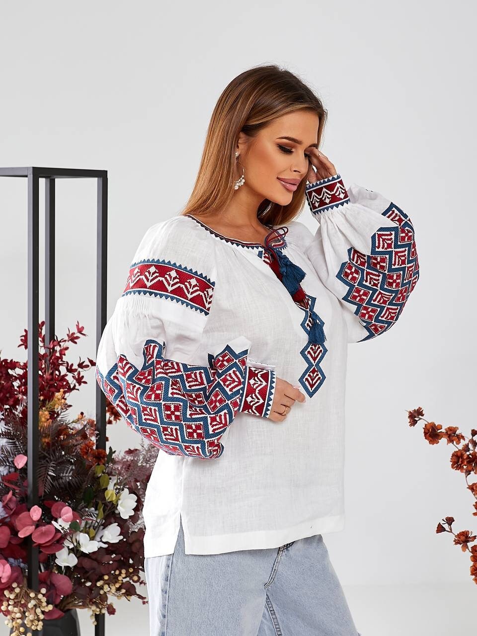 White Ukrainian Vyshyvanka Blouse - Embroidered Bohemian Ethnic Shirt for Easter