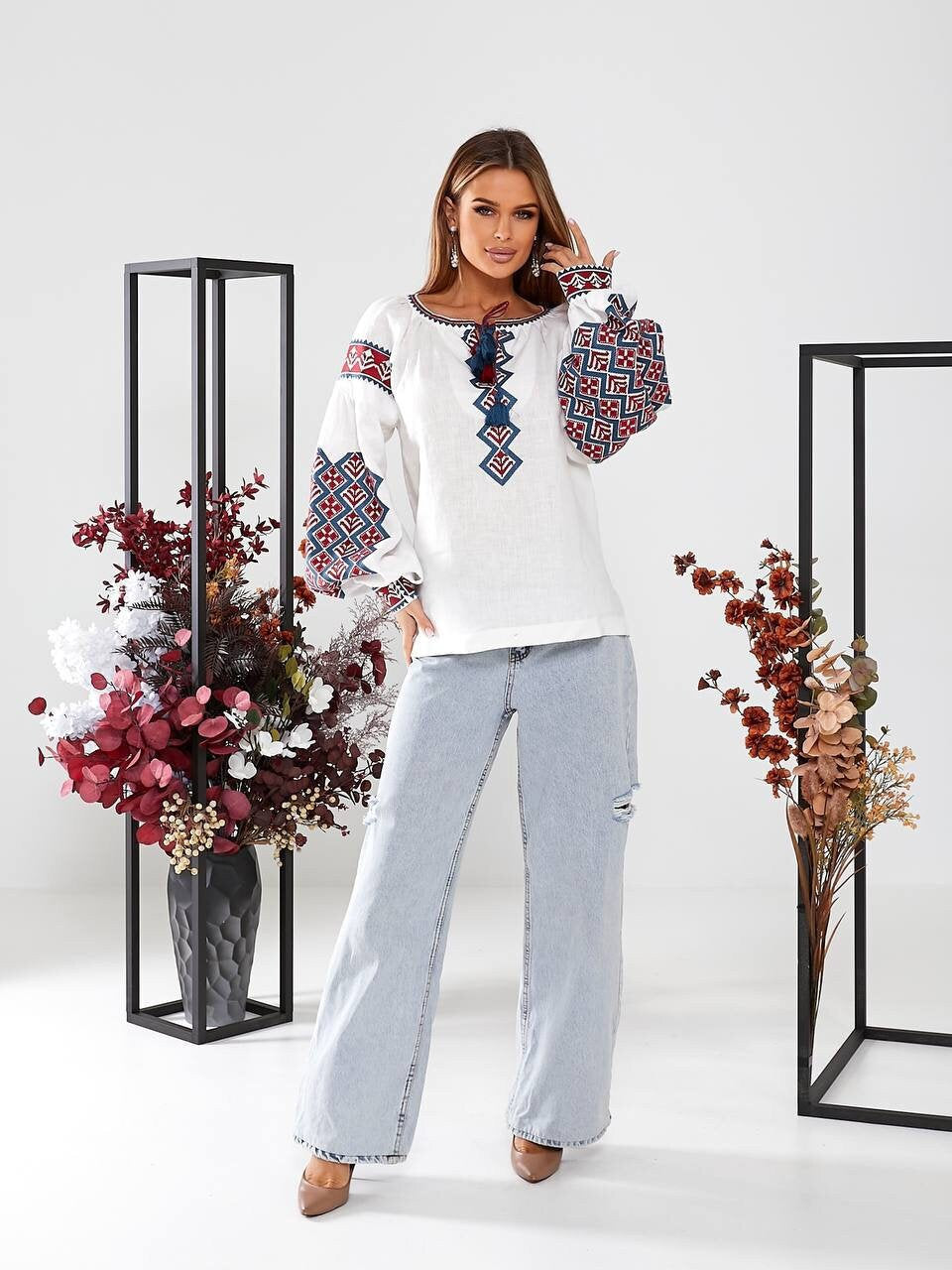 White Ukrainian Vyshyvanka Blouse - Embroidered Bohemian Ethnic Shirt for Easter