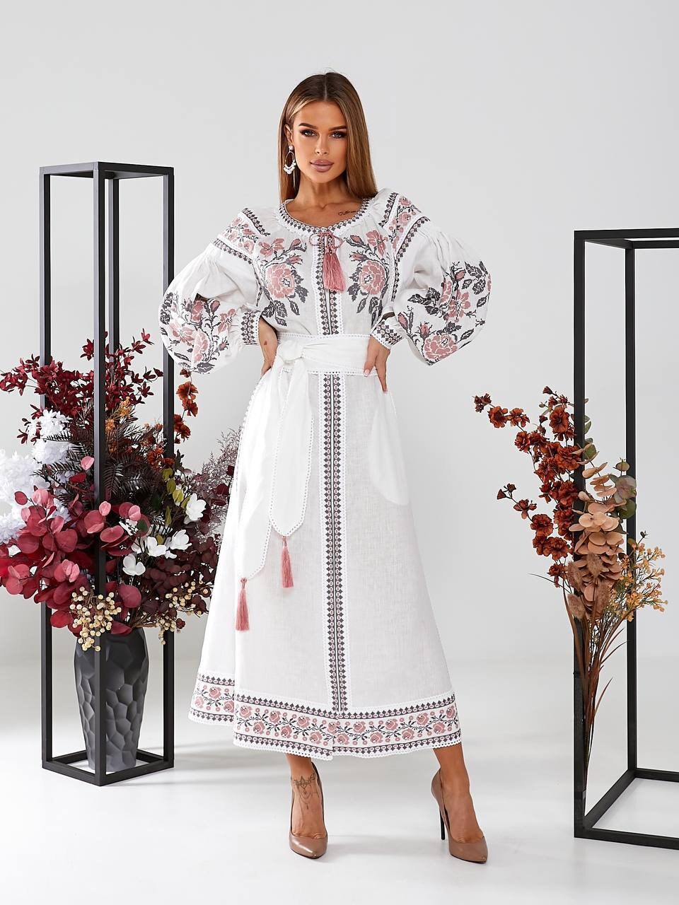 White Linen Dress with Exquisite Ukrainian Tender Pink Embroidery White Linen Embroidered Vyshyvanka Ukrainian Dress Boho style Gift