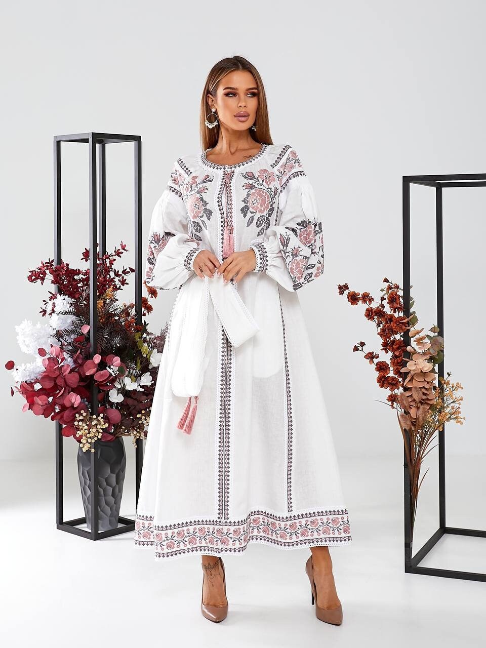 Boho White Linen Embroidered Vyshyvanka Dress with Ukrainian Pink Embroidery