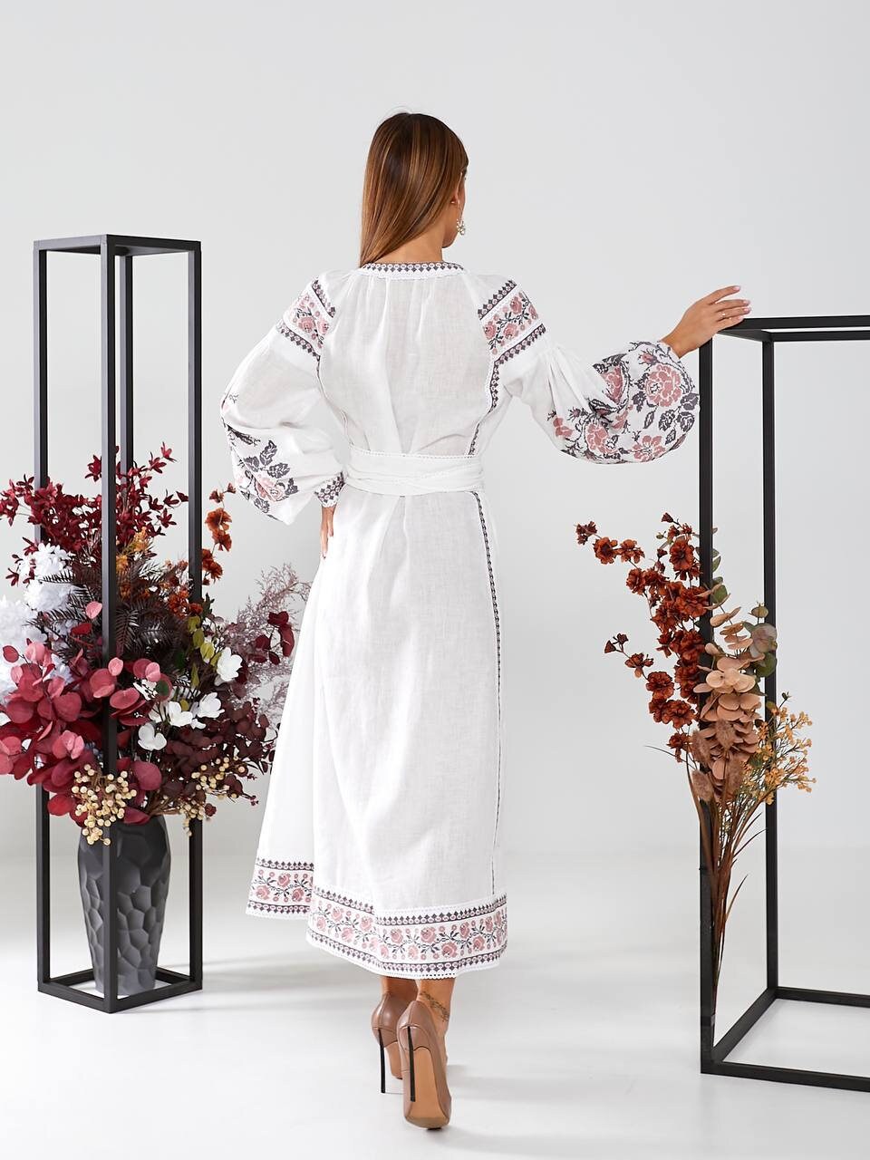 Boho White Linen Embroidered Vyshyvanka Dress with Ukrainian Pink Embroidery