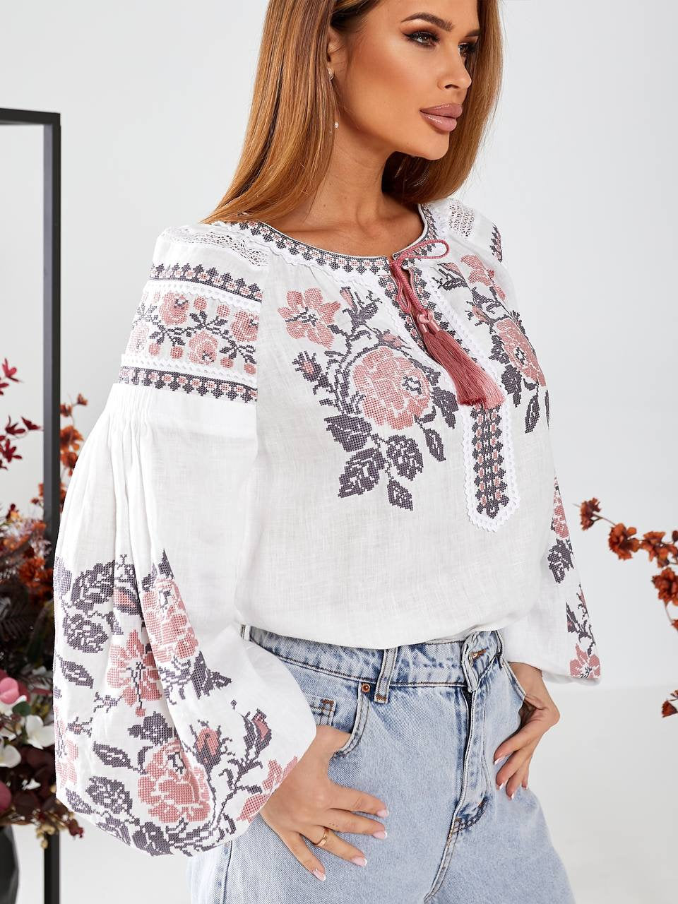 White Ukrainian Vyshyvanka Blouse with Pink Embroidery - Bohemian Ethnic Style