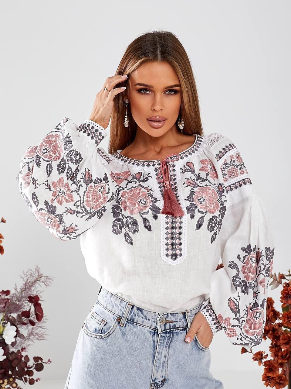 White Ukrainian Vyshyvanka Blouse with Pink Embroidery - Bohemian Ethnic Style