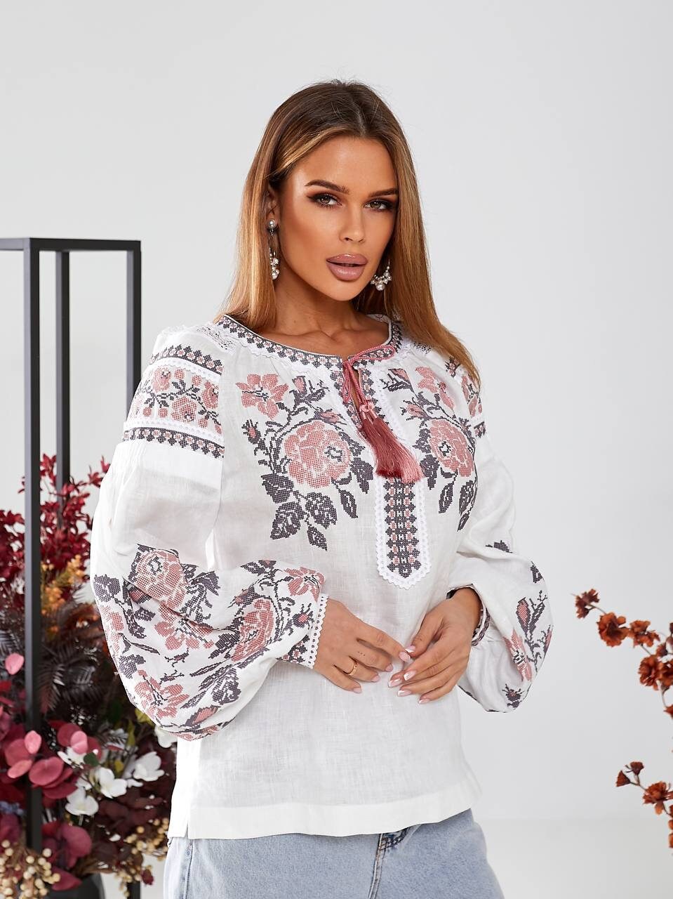 White Ukrainian Vyshyvanka Blouse with Pink Embroidery - Bohemian Ethnic Style