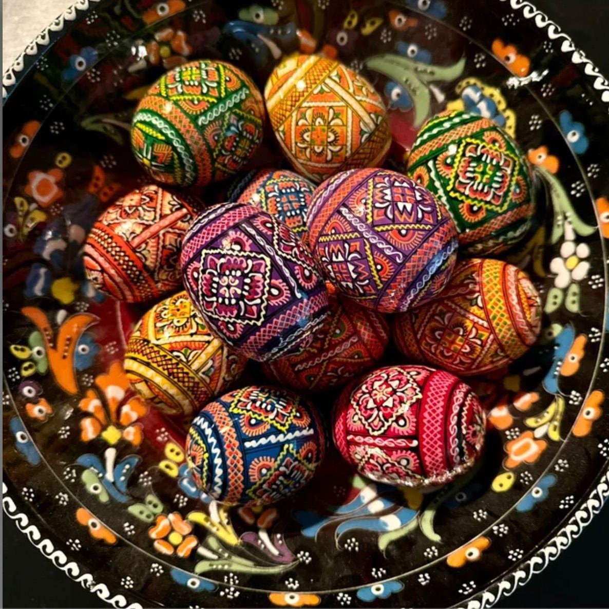 Set of 12 Hand-Painted Ukrainian Pysanky Wooden Easter Eggs - Traditional Christmas Ornaments