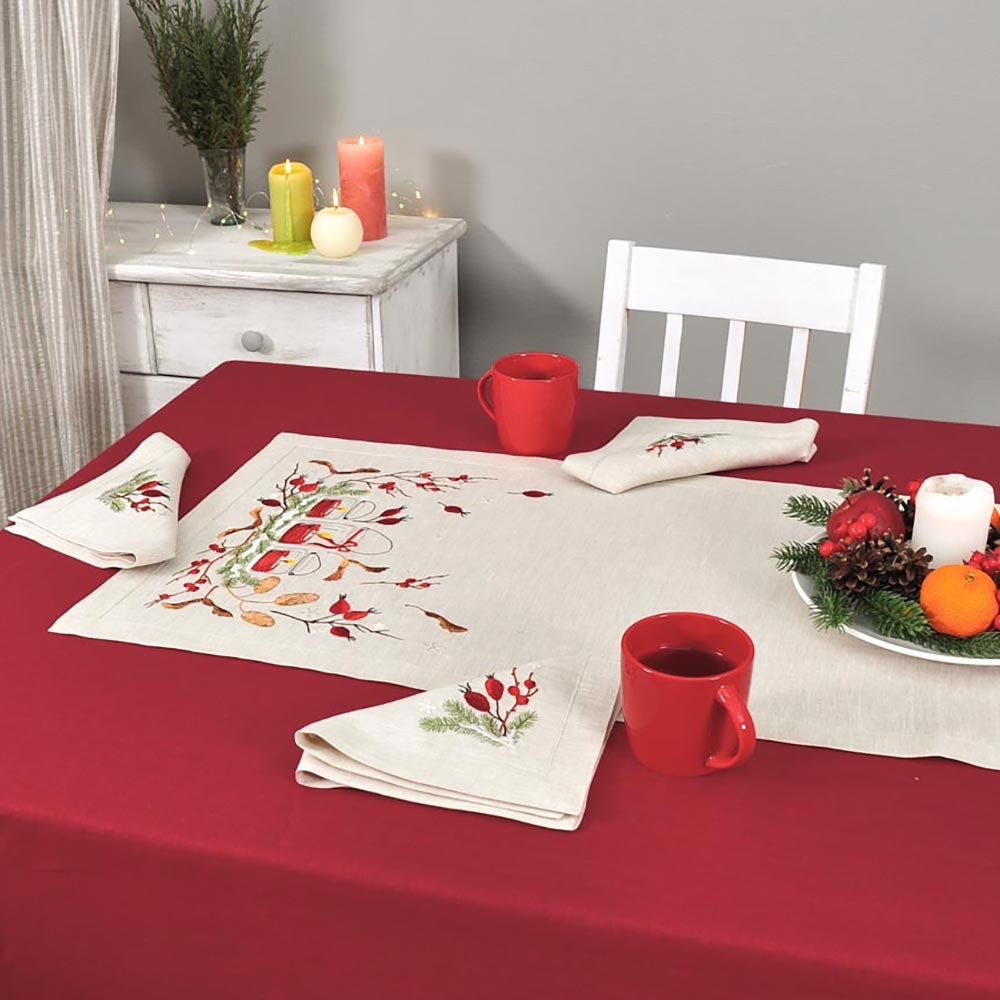 140x40 CM Embroidered Ukrainian Dog-rose Linen Tablecloth Runner